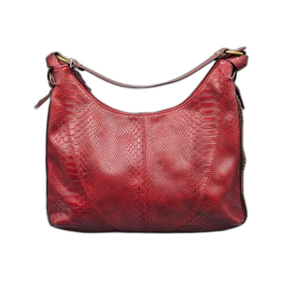 Liz Claiborne Red Snakeskin Embossed Studded Hobo Shoulder Bag Brass Hardware